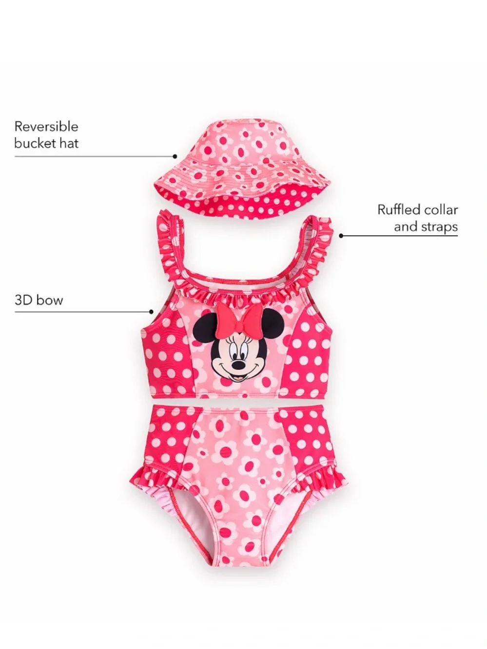 Disney store Minnie Mouse Pink Polka Dot Girls' Swim Set with Sun Hat